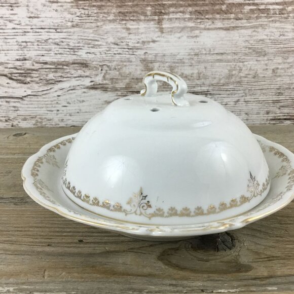 Covered Butter Dish and Strainer Victoria Austria Gold Trim Scalloped Handles - Picture 4 of 10